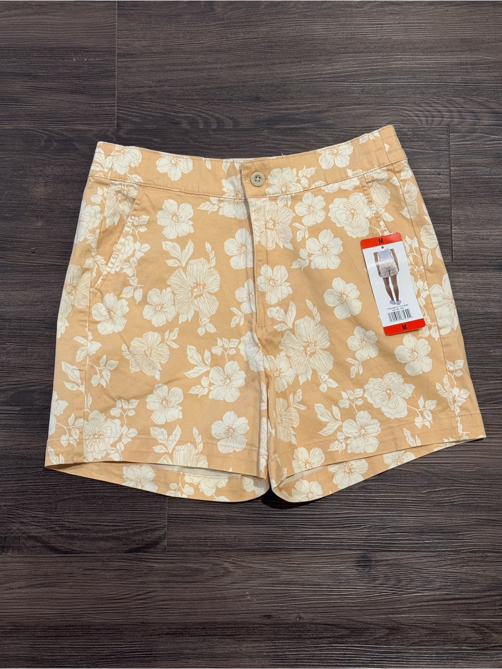JACHS Girlfriend Tan Floral Bermuda Shorts with Cream Print